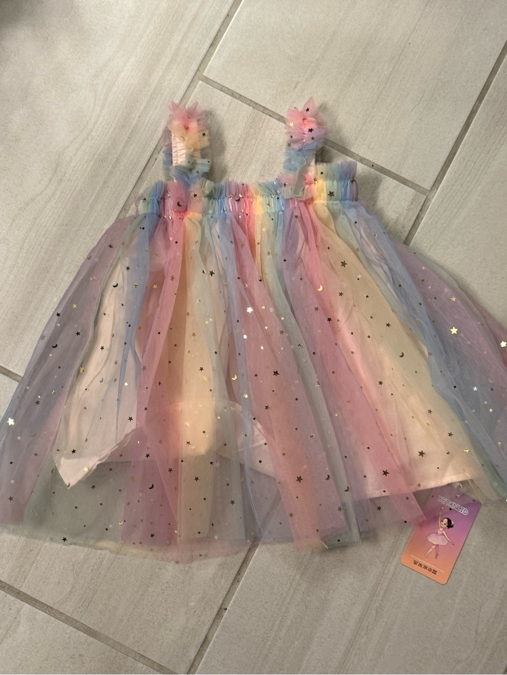 NWT Pastel Rainbow Tulle Dress – Girls Size 3T – Sparkle Star Mesh Party Dress